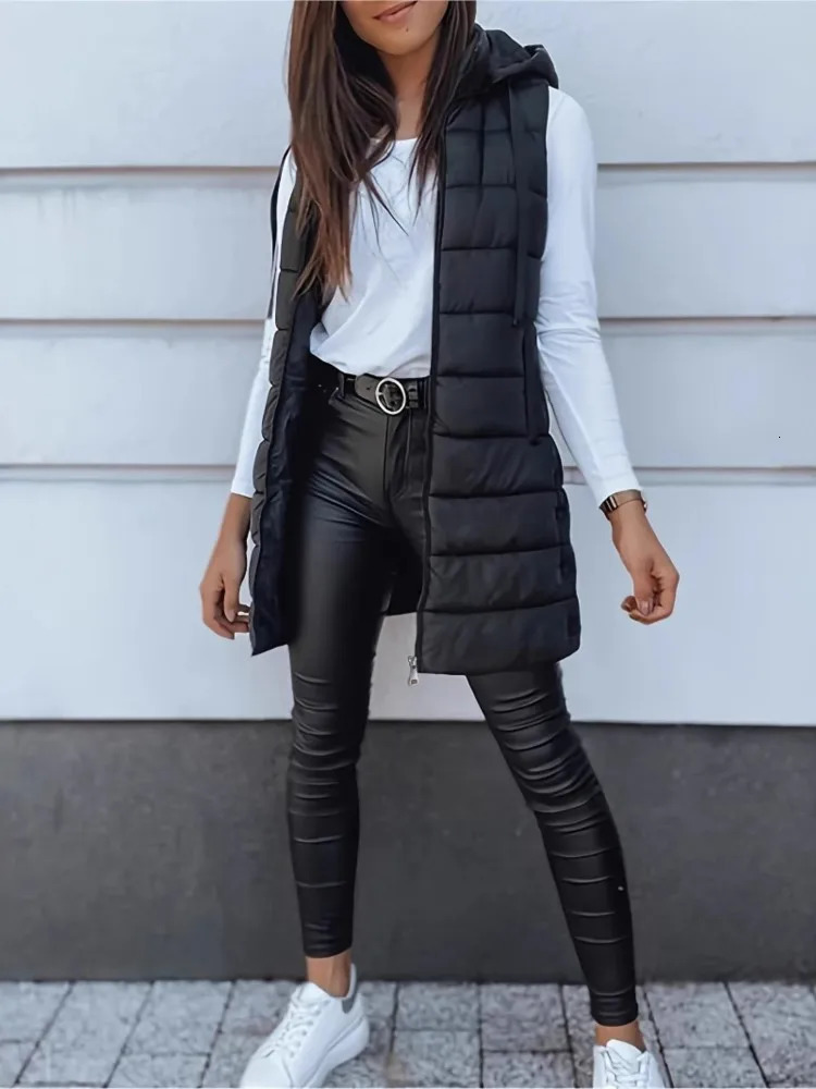 Casual Solid Color Hooded Zipper Vest Jacket For Womens Autumn Winter With Cotton Patchwork Slit Warmth Thickened Female 251027