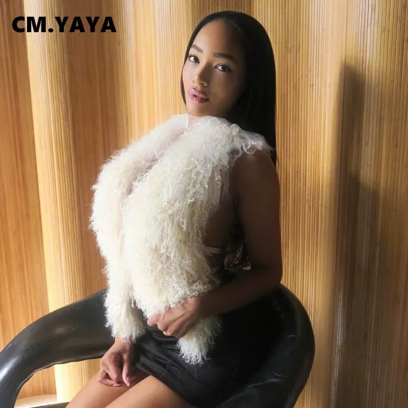 CMYAYA Women Vneck Sleeveless Tassel Tops Vests Coats 2025 Winter Fur Collar Halter Backless Keep Warm Wool Jackets Outcoat 251029