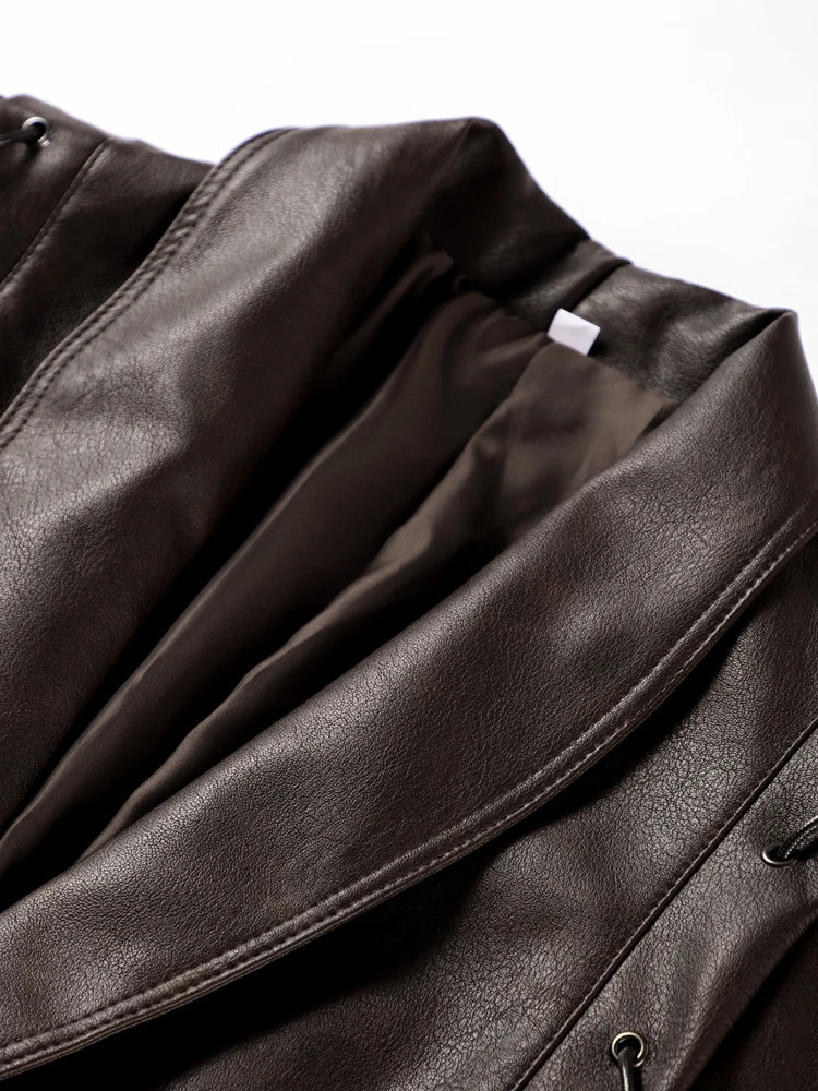 Faux Leather Brown Women Jackets 2025 Belt Lace Up Lapel Female Coat Vintage Casual Autumn One Button Long Sleeve Lady Outwear 251029