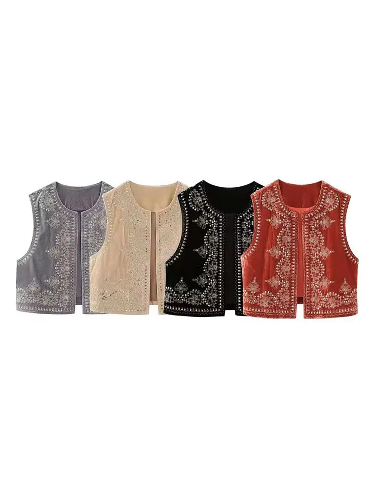 Vintage Autumn Velvet Embroidered Vest Sleeveless Jacket Women V Neck Chic Waistcoats Female Fashion Vests Coat 251029
