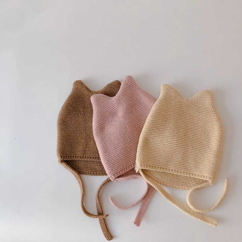Cute Baby Ear Protection Hat Solid Color Infant Knitted Woolen Hat 624M Kids Winter Warm Tie Headgear Korean Children Beanies251028