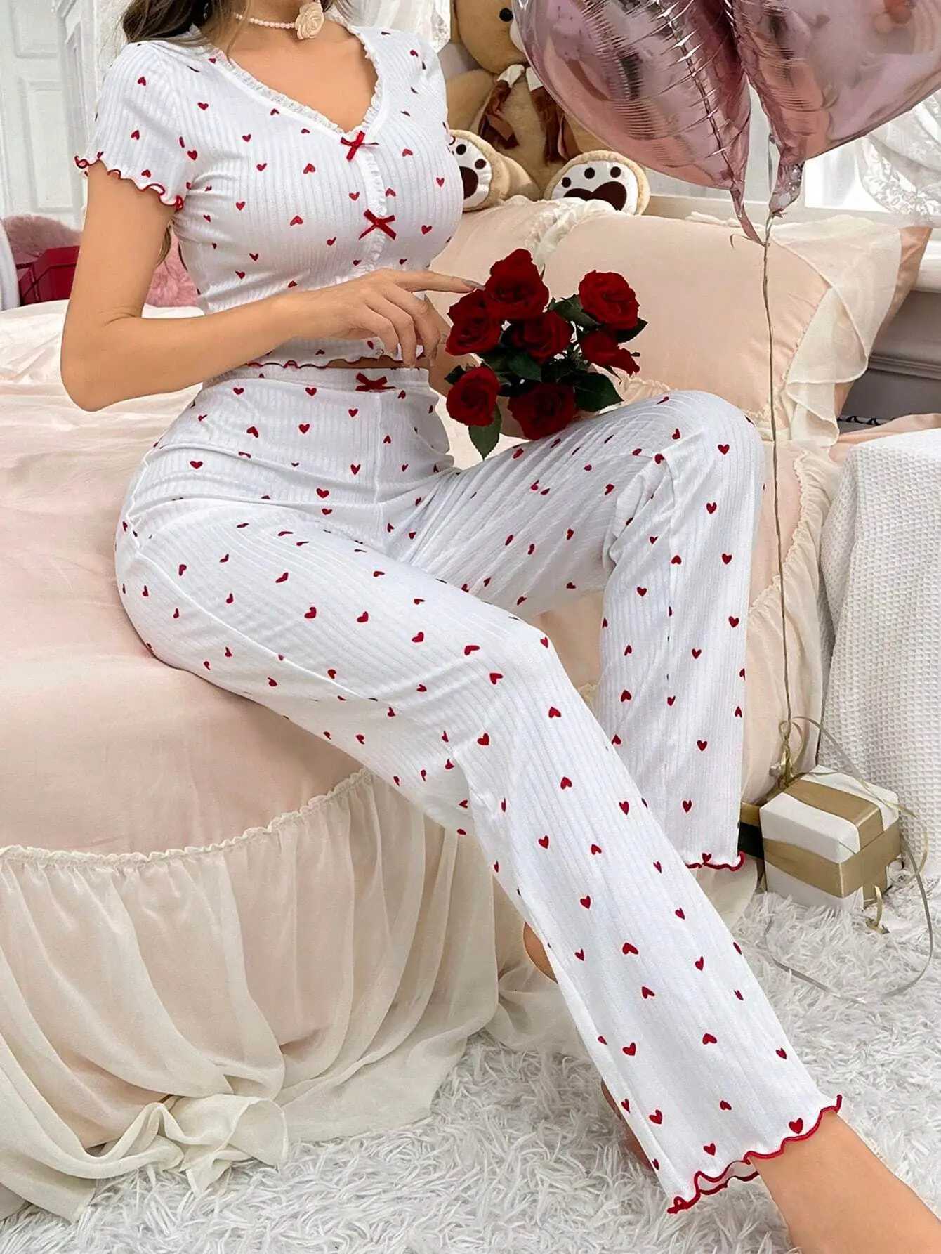 Heart Print Ribbed Frill Trim Pajama Set for Women Sleepwear Knitted VNeck Loose Tops Elastic Long Pants Autumn Winter WearT251029