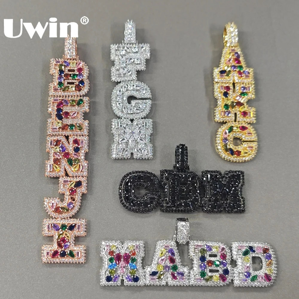 UWIN Custom Mix Color CZ Letter Necklaces Iced Out 5A Irregular Baguettecz Vertical Name Pendants Personalized Fashion Jewelry w251121