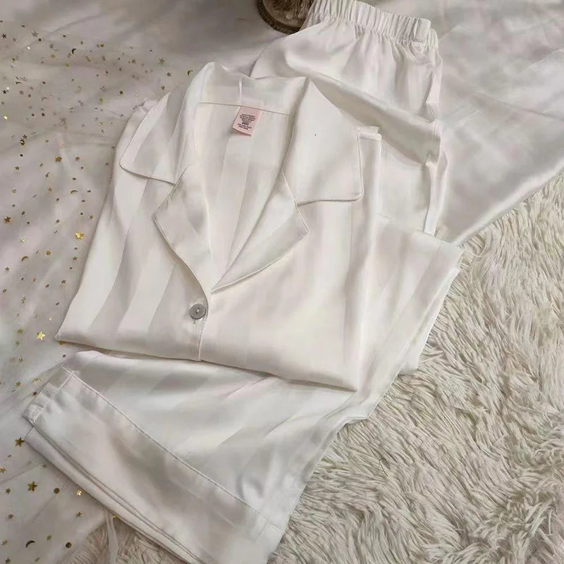 Pajamas Female Summer Ice Silk Girls Homewear LongSleeved Trousers Simulation Black Striped Plus Size Suit 251029