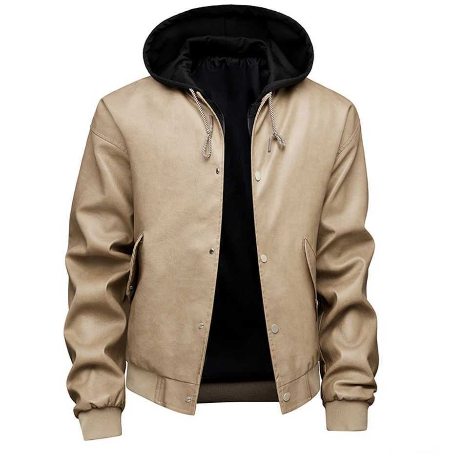 Hooded PU Jacket Men Spring Autumn Motorcycle Biker Jacket Coat Fashion Casual Solid Color Cargo Jacket Male PU Coat BlackT251029