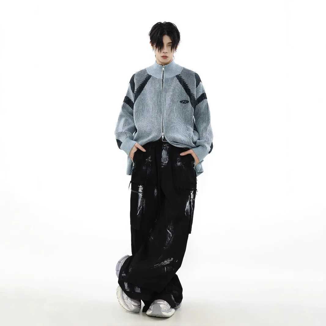 American Retro High Neck Knitted Sweater Casual Striped Mens Outerwear Spring Autumn Leisure Fashion Couples Cardigan J251029