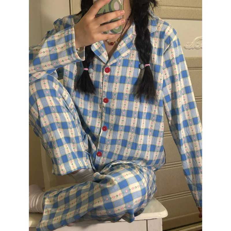 Autumn and Winter Women Nightwear Plaid Rose Striped Long Sleeve Trousers Pajamas Loungewear Plus Size TwoPiece Set SleepwearT251029