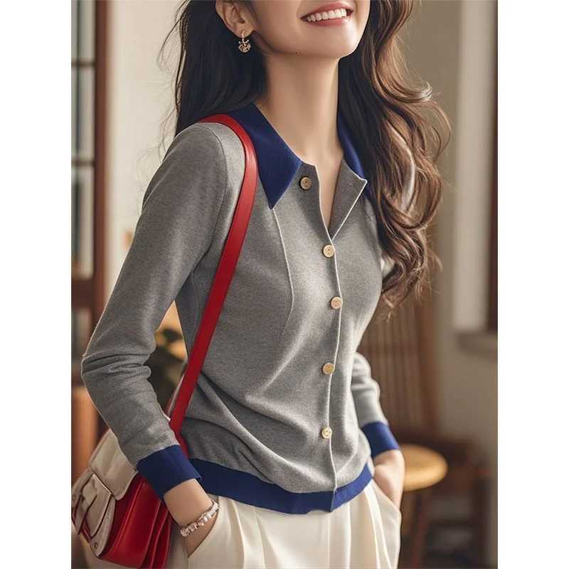 Grey Patchwork Knit Sweater Women Autumn Single Breasted Long Sleeve Top Elegant CoatT251028