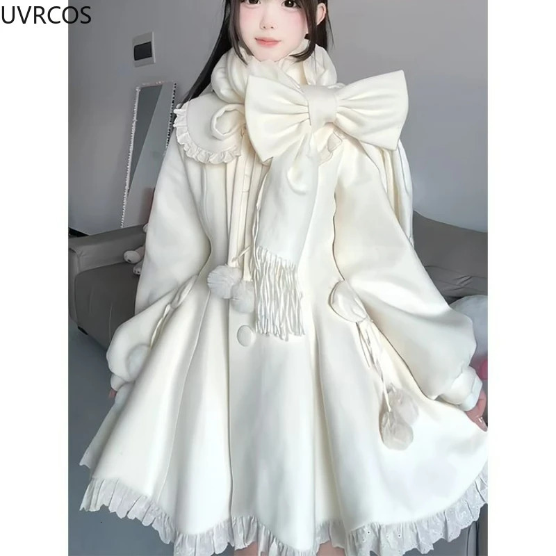 Japanese Kawaii Cute Woolen Coat Women Sweet Ruffles Peter Pan Collar Slim Cotton Bow Scarf Jacket Female Winter Parkas Coats 251029