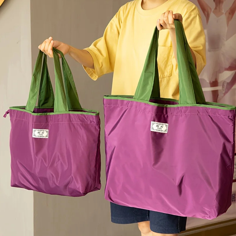 Nylon Supermarket Shopping Bag Reusable Large Capacity Folding Tote Bag Drawstring Handbag Shoulder Storage Bag for Daily Use 251029