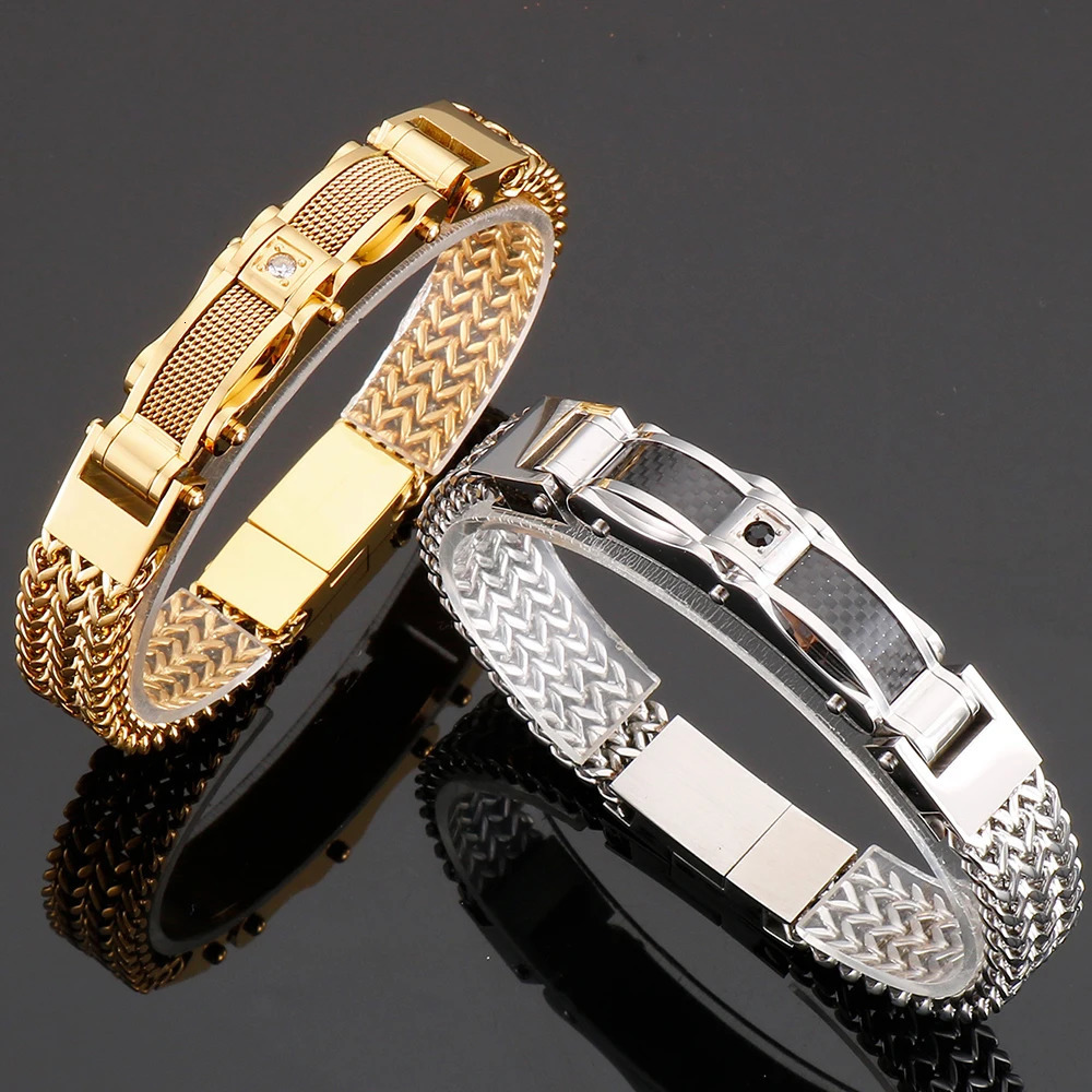 Bracelet for Men Gold Color 12MM Wide Stainless Steel Square Franco Link Chain Mens Wrist Bracelets With Magnet Clasp 251028