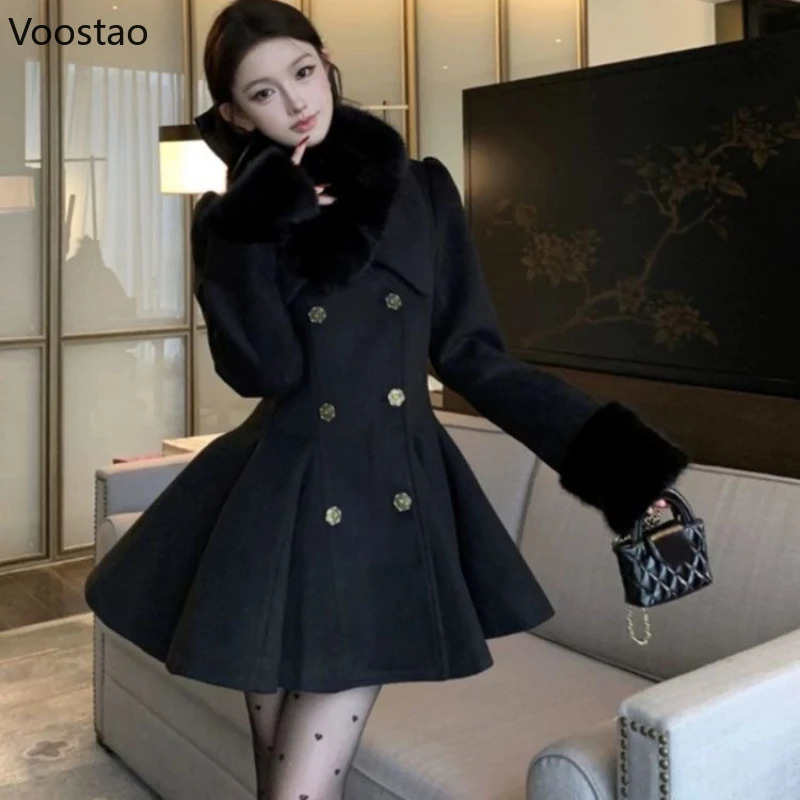 Autumn Winter Japanese Elegant Lolita Woolen Coat Women Sweet Fur Collar Slim Jacket Female Korean Y2k Warm Dress Cute Overcoat 251029