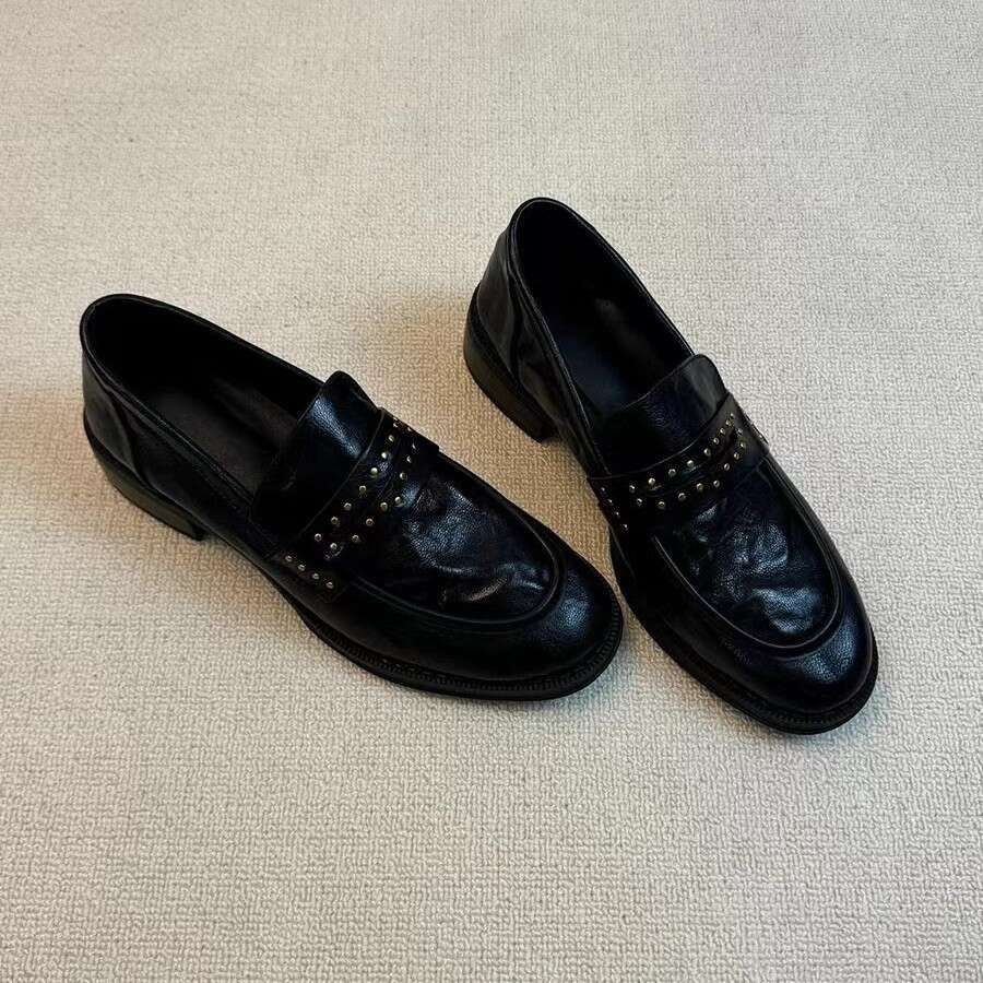 Cowhide Genuine Leather British Style Round Toe Studded Designer Shoe Pleated Slip-On Chunky Heel Black Loafers for Women