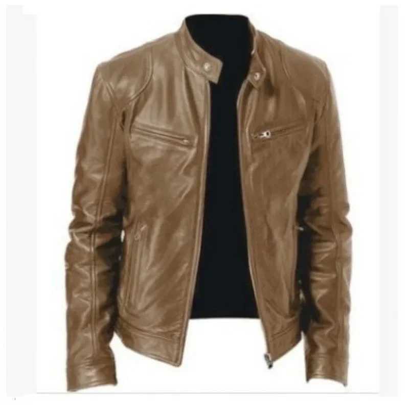 New Business Zipper Cardigan Pocket Decoration PU Leather Coat Stand Collar Zipper Leather JacketT251029