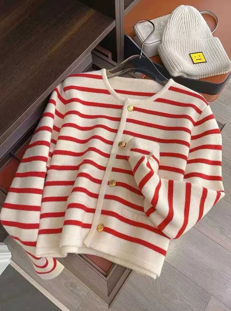 New Spring Autumn Y2k Sweaters Oneck Stripe Knitted Cropped Cardigan Fashion Long Sleeve Casual Short Tops Korean Style WomenT251028