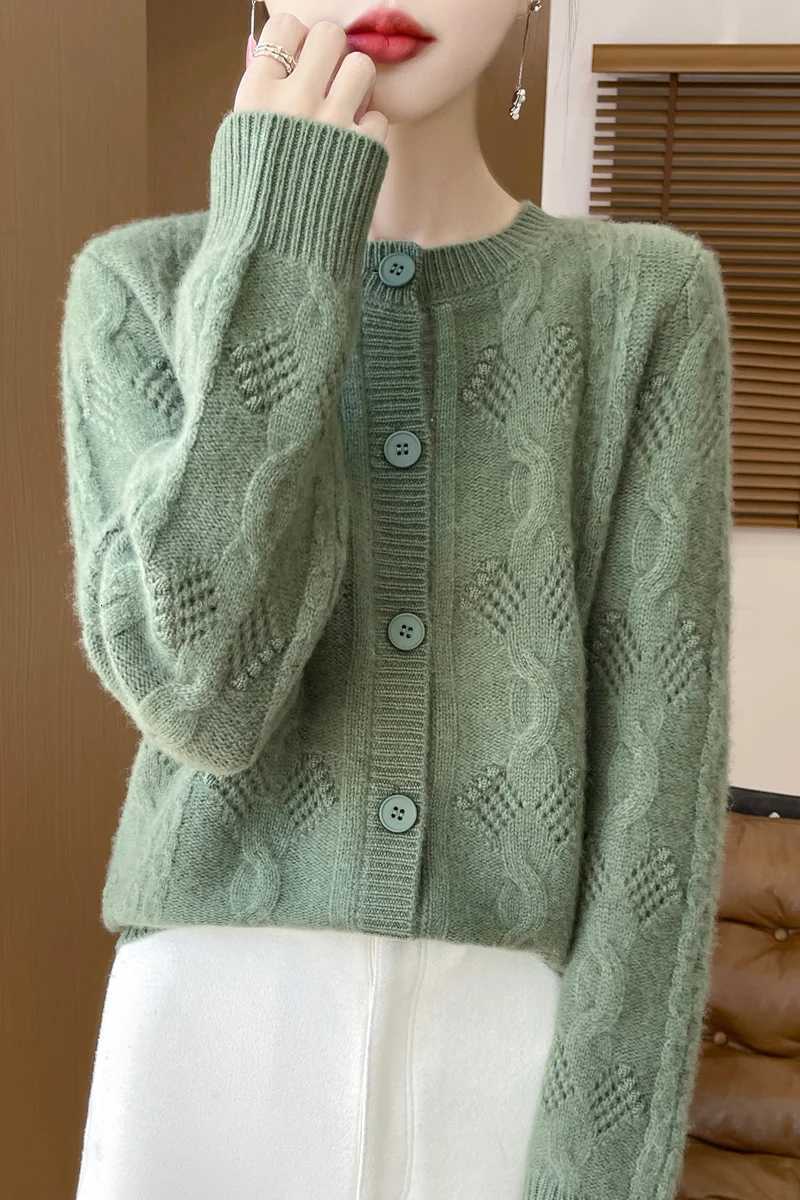 Autumn Winter Twist Flower Single Breasted 100 Merino Wool Womens Cardigan Thick ONeck Casual Loose Sweater Coat TopsT251028