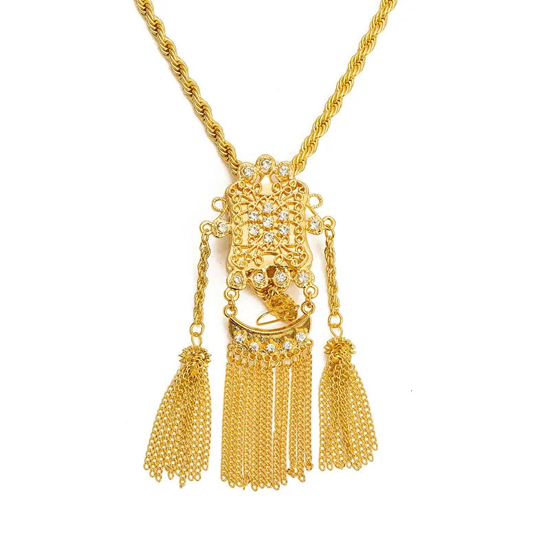Fatima Store Bridal Chain Necklace Algerian Rhine Stone Arabic Gold Color Slit Tassel Pendant Jewelry Accessory 251028