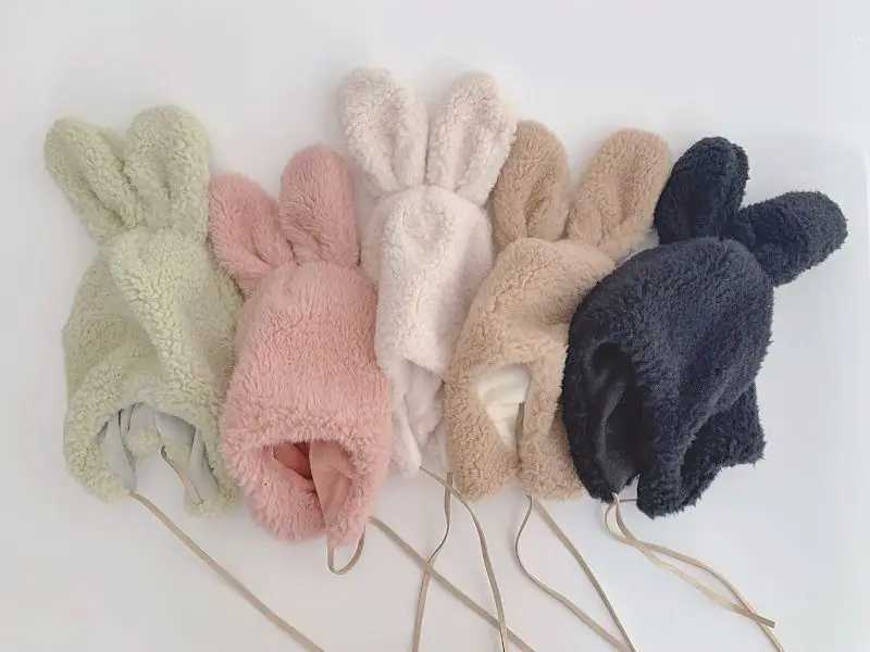 Cute Cartoon Bunny Ear Caps For Kids Winter Warm Hat Toddler Baby Kids Solid Color Kids Boy Girl Earflap Hats Bonnet Gorras251028