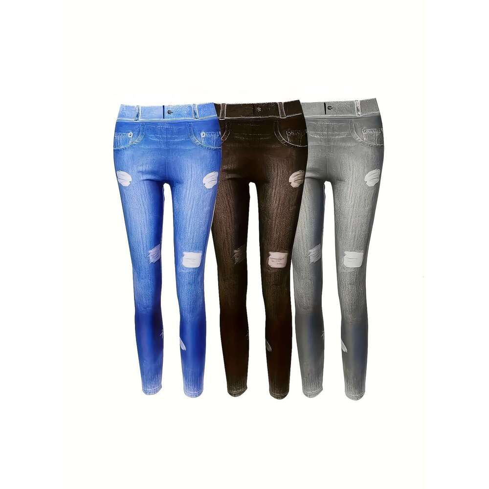 3Pcs Women's High-Stretch Faux Denim Print Leggings - Perfect For Running, Yoga & Workouts