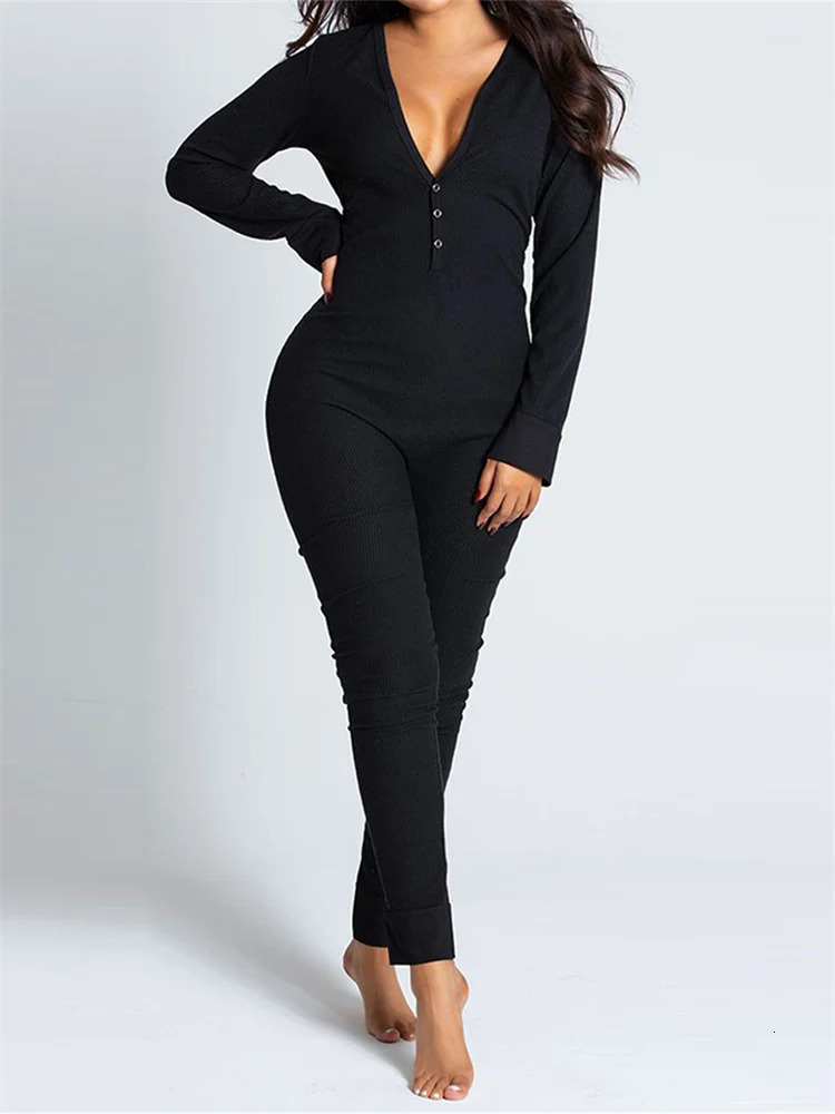 Women Jumpsuits Pajama Long Sleeve V Neck Bodycon Hip Detachable Crotch Romper Playsuits Casual Loungewear 251029