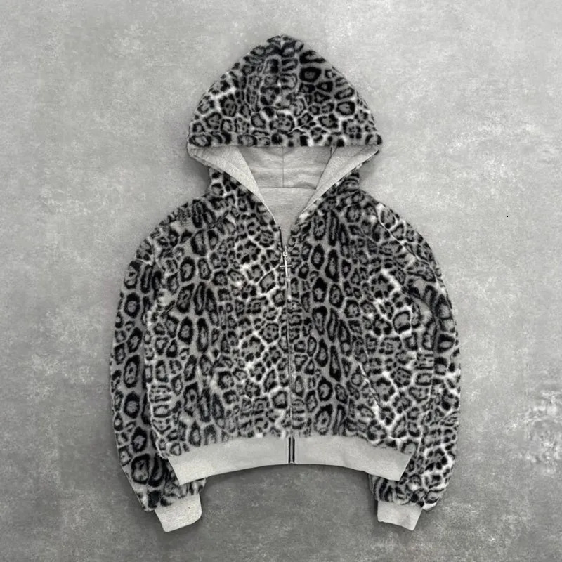 Street Hiphop Hoodie AutumnWinter Leopard Print Sport Jacket Twosided Zipper Loose Sweatshirt for Men and Women 251029