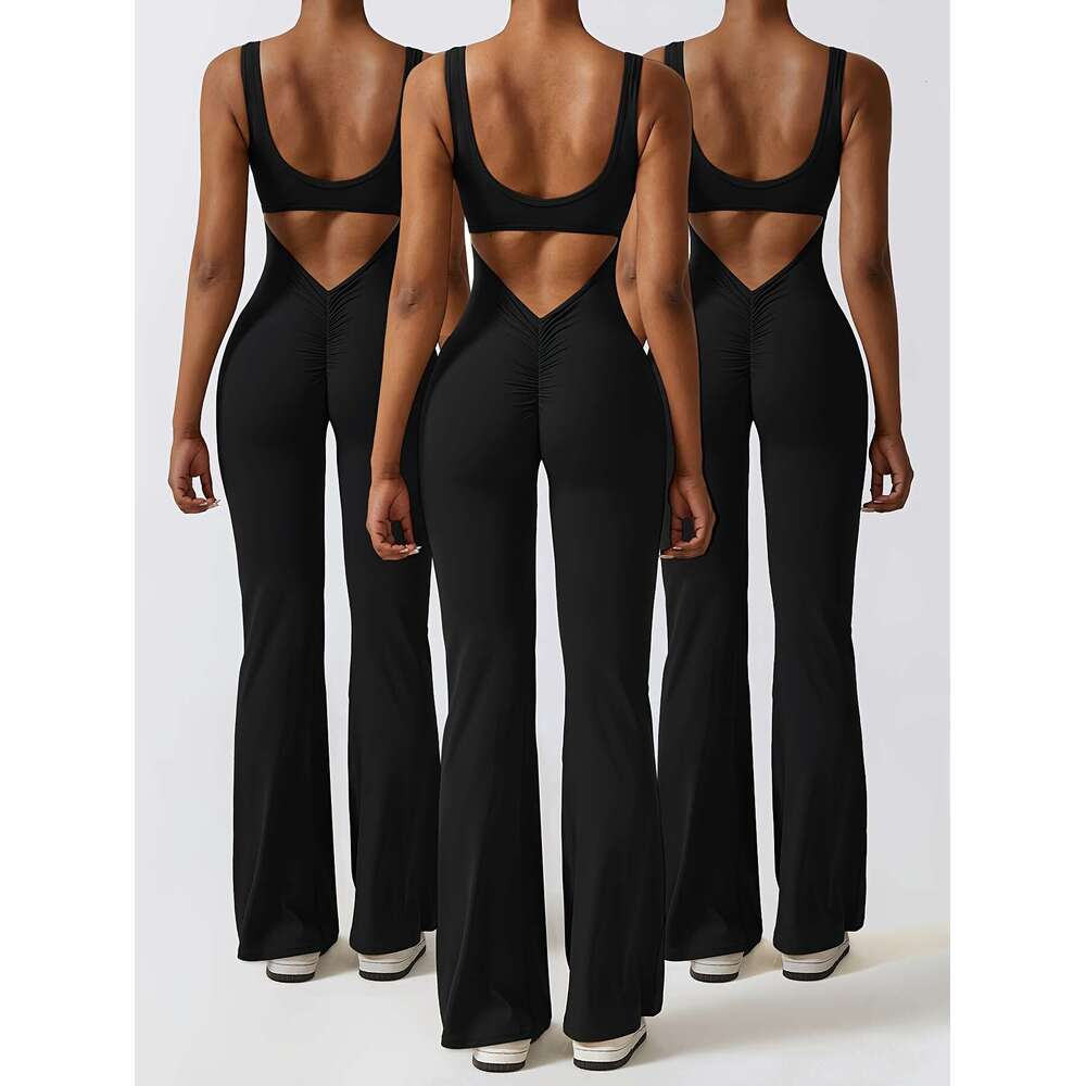 3Pcs Flattering Solid Color Cut-Out Backless Yoga Bodysuit Jumpsuit Women's Activewear With Chest Pad Flared Gym Pants - Comfortable And Breathab