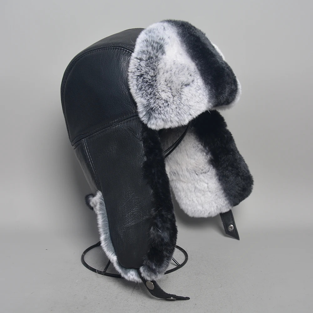 Unisex Real Rex Rabbit Fur Bomber Hat Ushanka Cap Trapper Russian Men Women Ski Hats Caps Sheepskin Leather Winter Warm 251013