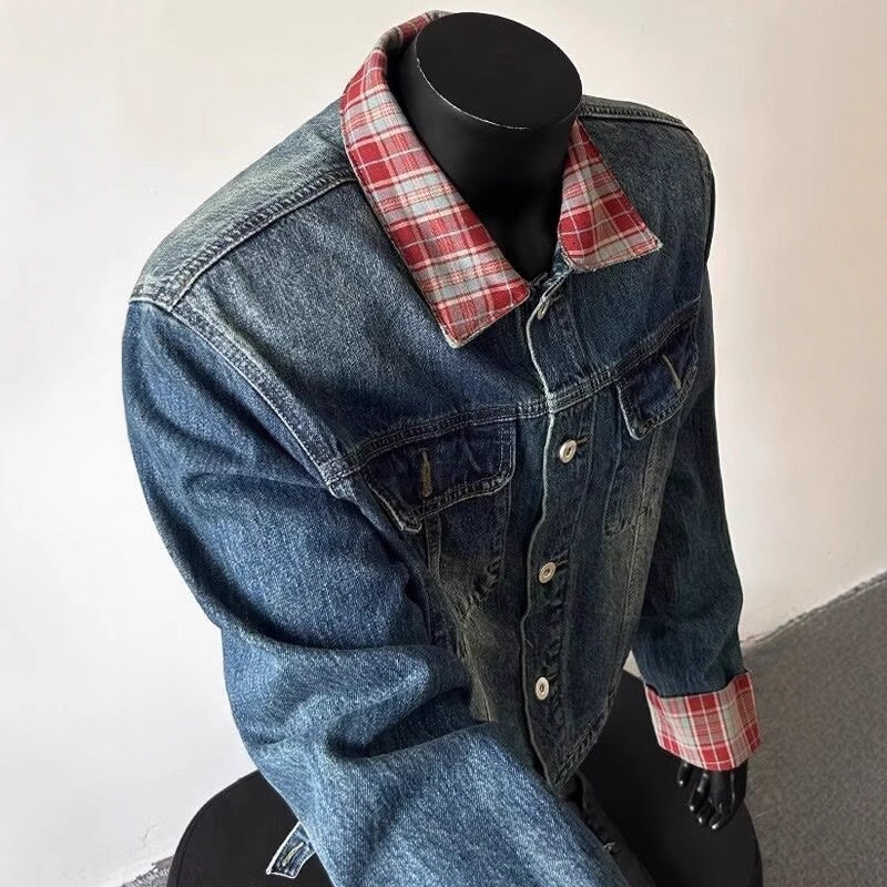 American Style Plaid Color-block Collar Denim Jacket For Men National Trend High Street Design With Shoulder Pads Cool Short Designer Jacket Turndown 