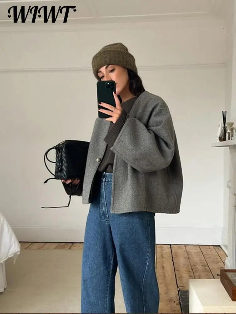 Casual Single Button Woolen Coat Women Long Sleeve Loose Short Autumn Winter Female Elegant Grey Chic Vneck Coats 251028