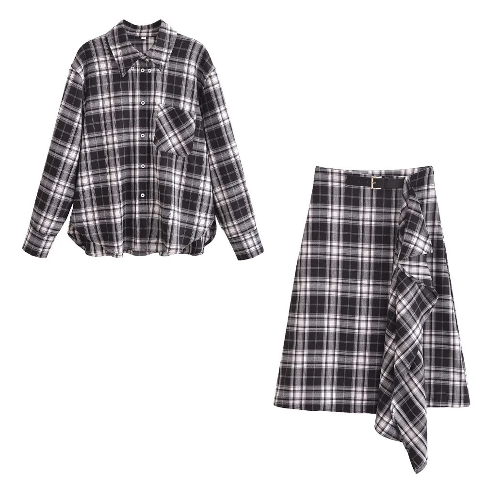 Womens single breasted pocket with plaid long sleeved lapel shirt high waist slim fit skirt winter fashion set 251016