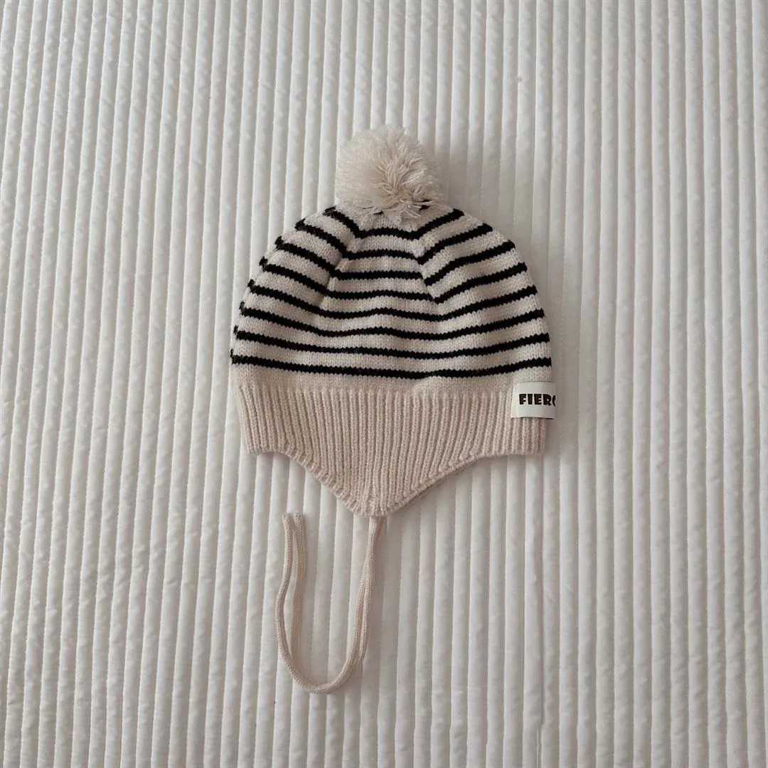 Cute Pom Kids Knit Hat 2023 Autumn Kids Beanie Ear Protection Cap For Girls Boys Fashion Striped Soft Baby Bonnet Cap251028