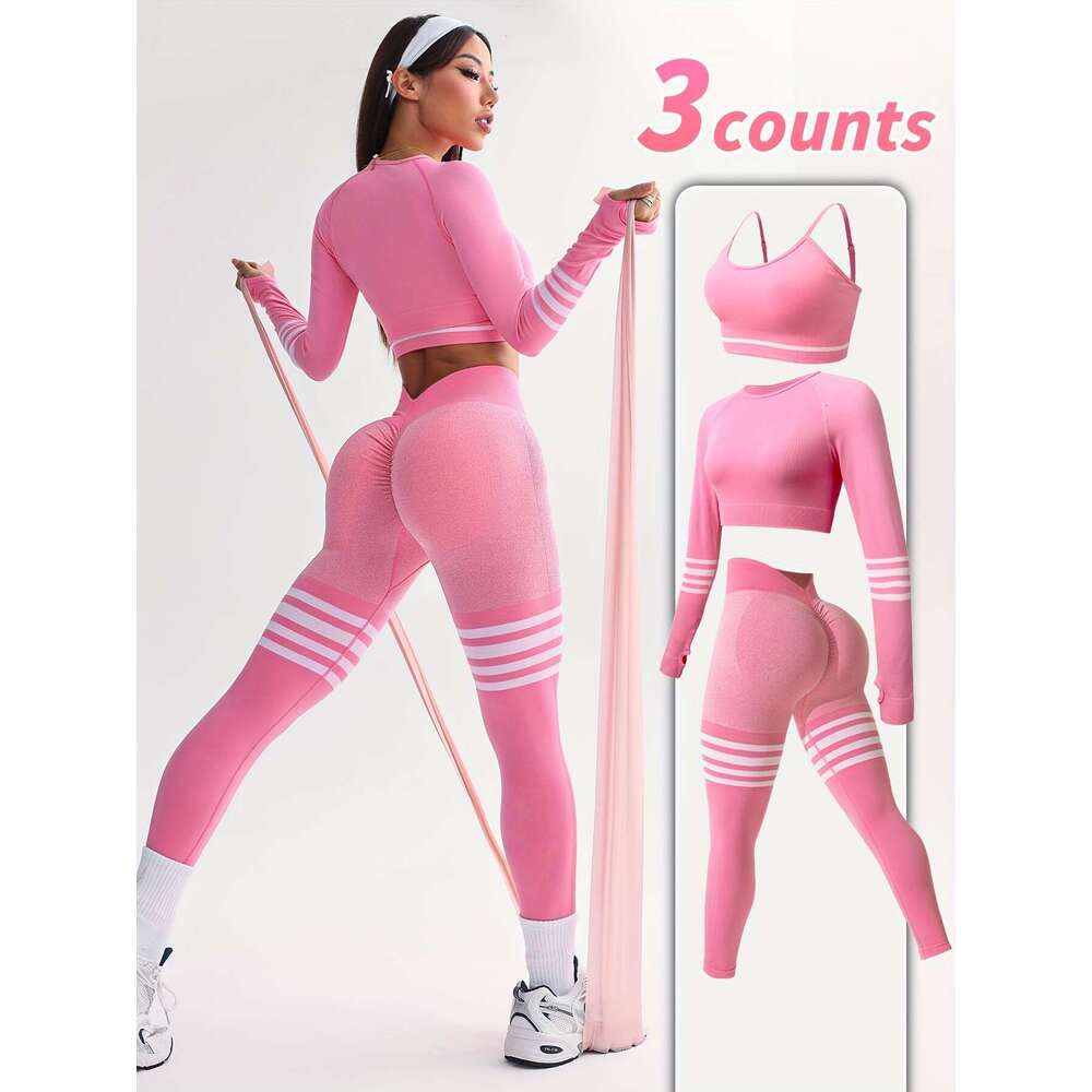 Three-Piece Set Women's Seamless Striped Color Block Sports Bra Long Sleeve Pants High Elasticity Light Beige-Friendly Moisture-Wicking Quick-Dry