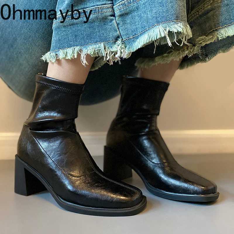 Autumn Vintage Elastic Slim Women Ankle Boots Fashion Soft Leather Shoes Ladies Elegant Thick Heel Mordern Short Booties Z251029