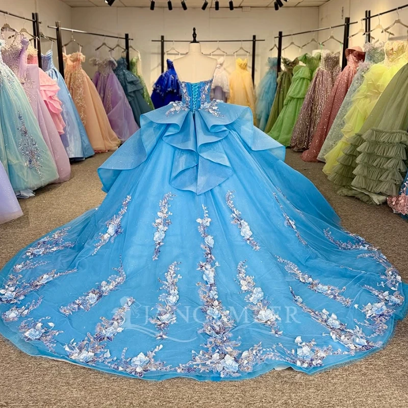 Blue Shiny Ball Gown Quinceanera Dresses Off The Shoulder Sequin Applique Flower Beads Tull Party Birthday Sweet 16 Dress Vestidos 15 anos