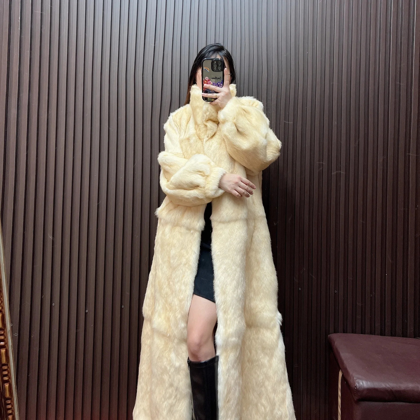 Furyoume 100 Rabbit Fur Coat 120cm Length Thick Warm Winter Real Fur Overcoats Fashion Streetwear Korean Casaco Feminino 251029