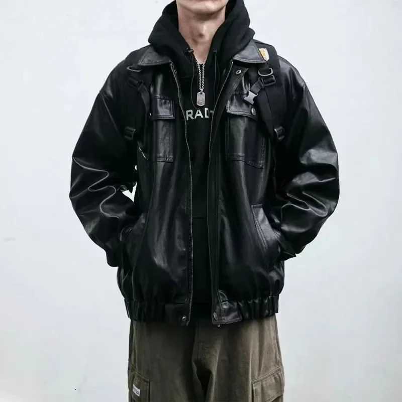 Oversized Mens Leather Jackets Black VIntage PU Biker Coat Faux Leather Bomber Jacket Punk Big Pockets Windbreaker OvercoatT251029