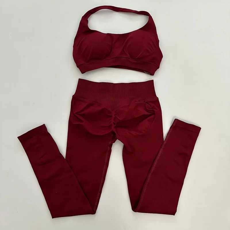 No Yoga Legging Sets for Women Seamless Yoga Set Scrunch Butt Legging Set Workout Gym Suit with Halter Crop TopXJ251029