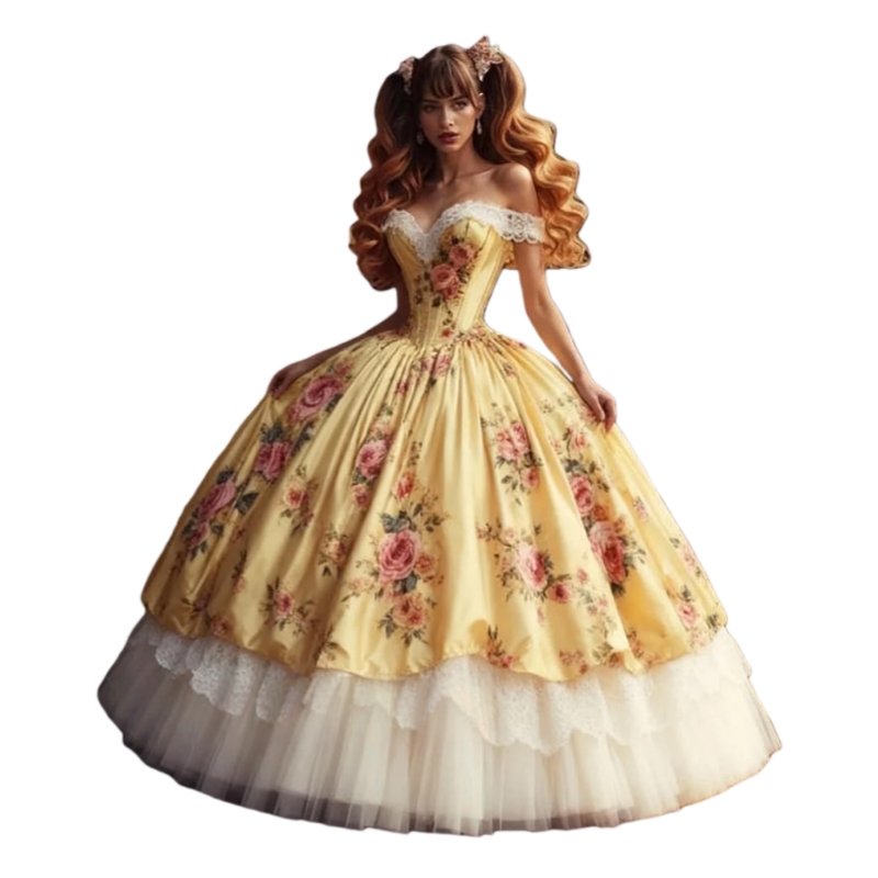 Vintage Floral Printed Prom Dresses Yellow Ball Gown Floor Length Off Shoulder Princess Evening Dress Masquerade Costume Special Occasion Gowns