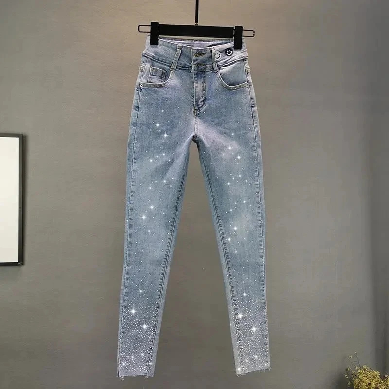 Womens Jeans 2025 Summer Elastic Slim Heavy Industry Diamond Small Foot Pencil Pants Female Casual Denim Trousers 251029