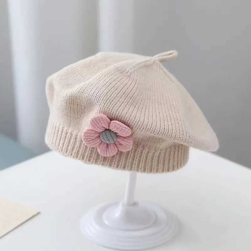 Solid Color Cute Flower Baby Hat Winter Warm Knitted Beanie Cap for Infant Girls Korean Toddler Kids Princess Artist Painter Cap251028