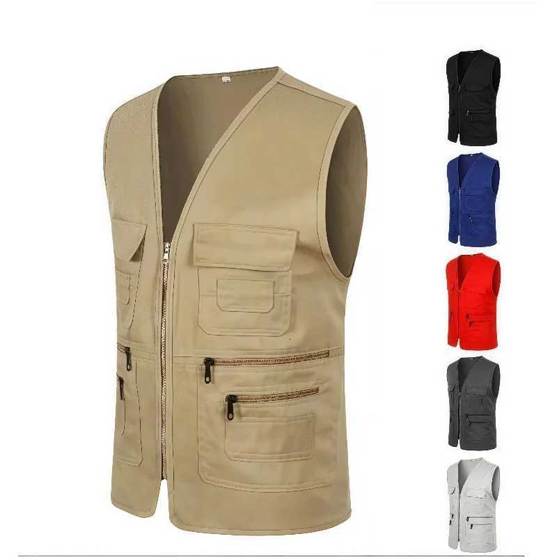 Work Clothes Vest Multipocket Solid Color Casual Sleeveless Zipper Working Clothing V Neck Volunteer Vest for Fishing W251029