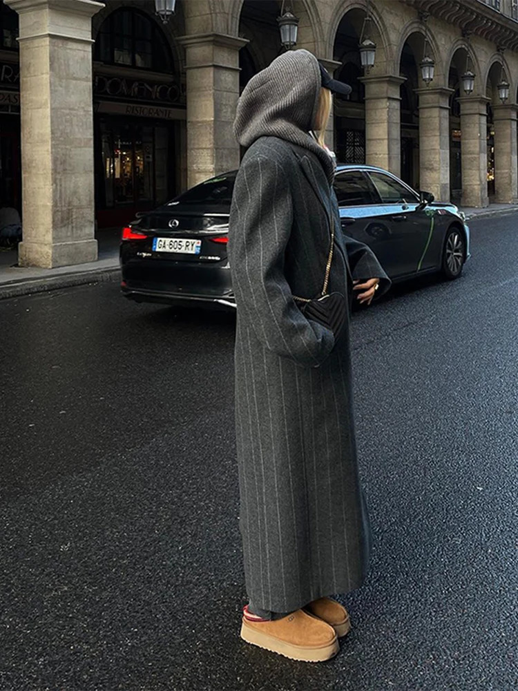 Vintage Womens Striped Woolen Overcoat Long Sleeve Fashion Lapel Oversized Coat Autumn Winter Commute Jacket for Ladies 251028