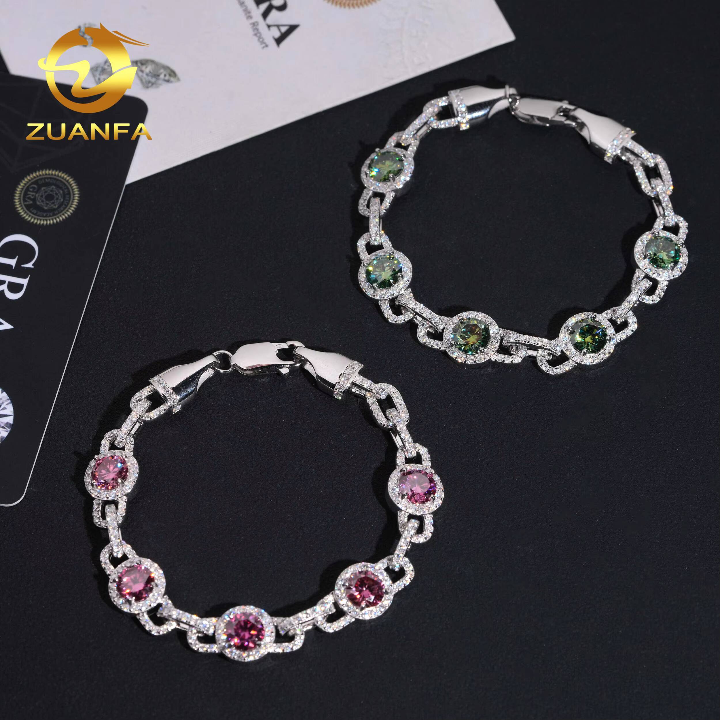 Hip Hop Jewelry 65mm Pink and Blue Green Moissanite Iced Out Cuban Link Bracelet 925 Silver Color Moissanite Bracelet