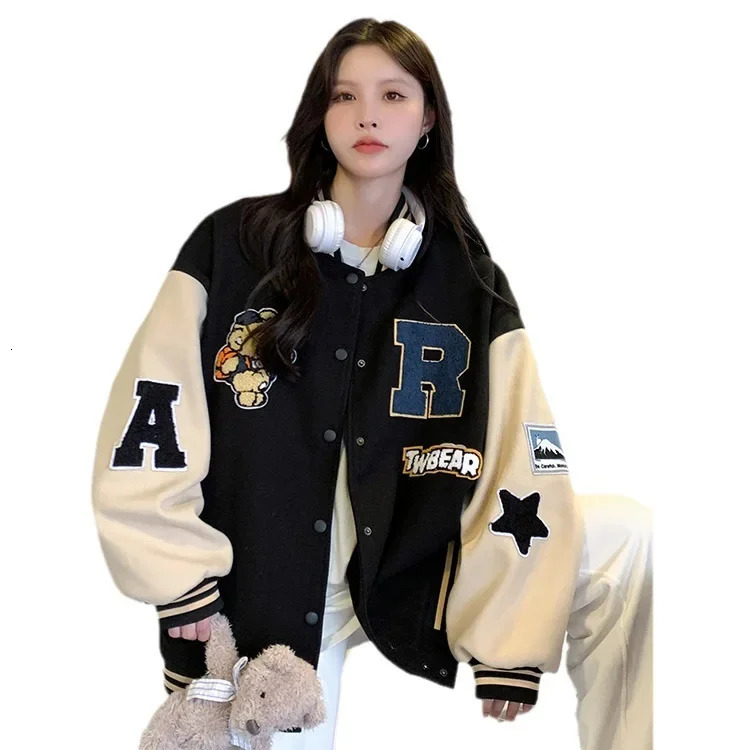 Retro Fleece Lined Baseball Jacket Womens Loose Fit Autumn Winter Style Student American Vintage Sweatshirt Jacket 251029