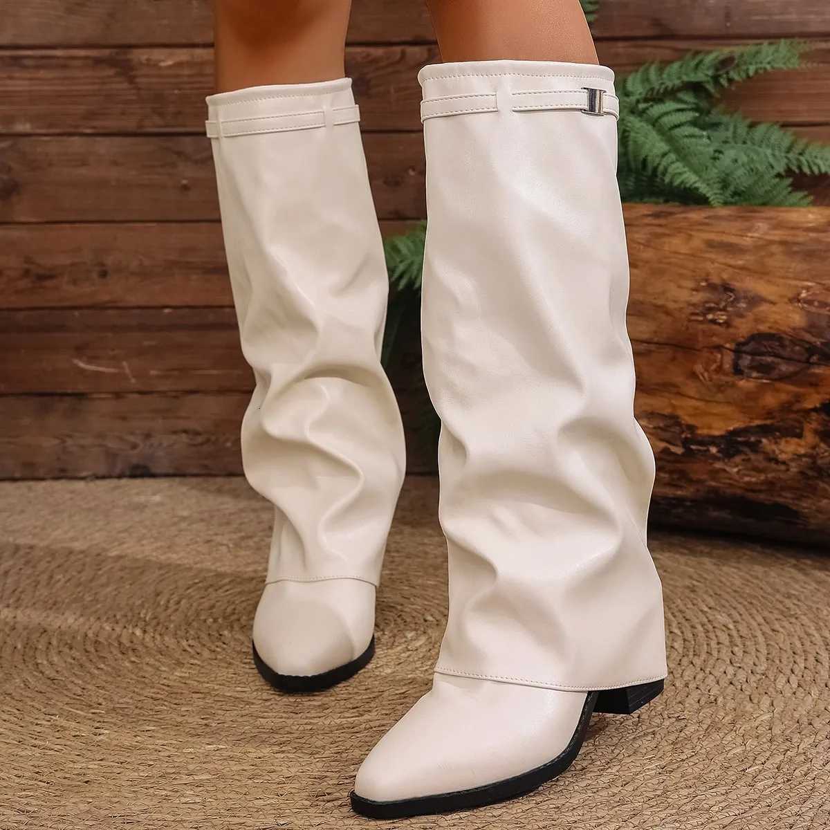 Womens Fashion Folding Kneehigh Boots Winter Solid Color Nonslip Thicksoled Wideleg PU Leather Fashion Boots Botas Mujer Z251029
