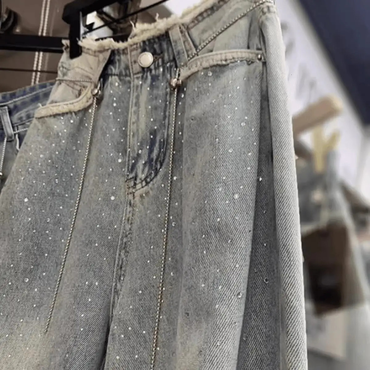 American High Street Spicy Starry Diamond Frayed Wide Leg Jeans Women Summer Ele High Waist Dra FloorLength 251029