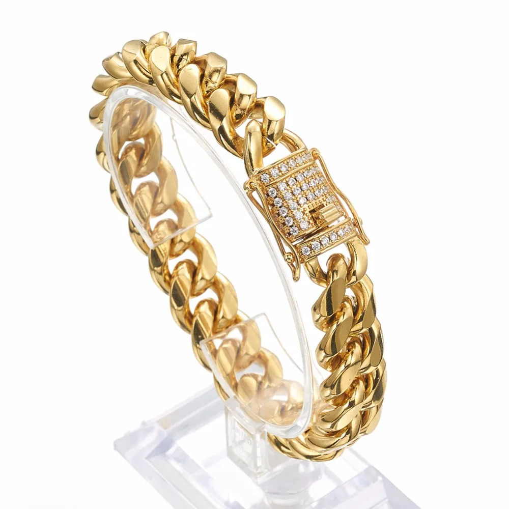 Arrival 81012141618mm Stainless Steel Miami Curb Cuban Chain Crystal Bracelet Casting Lock Clasp Mens Link jewelry 251028