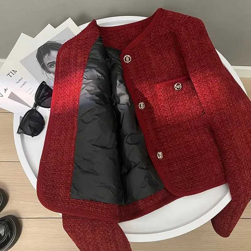 Autumn Winter Womens Tweed Jacket Single Breasted High Street Red Jackets French Casual Fashion Female Cotton Padded Coat Y251105
