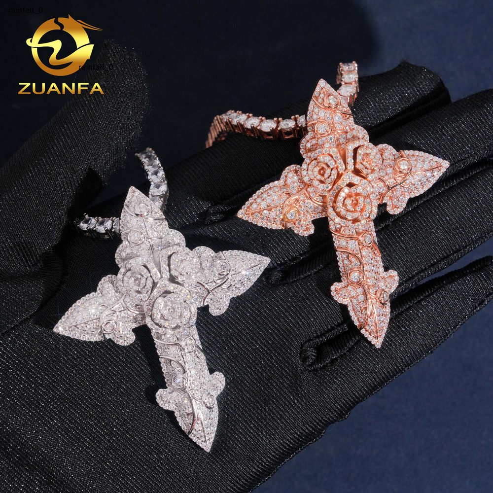 RTS Luxury Rose Fine Hip Hop Moissanite Cross Charms Diamond Jewelry Iced Out 925 Silver VVS Moissanite Cross Pendant