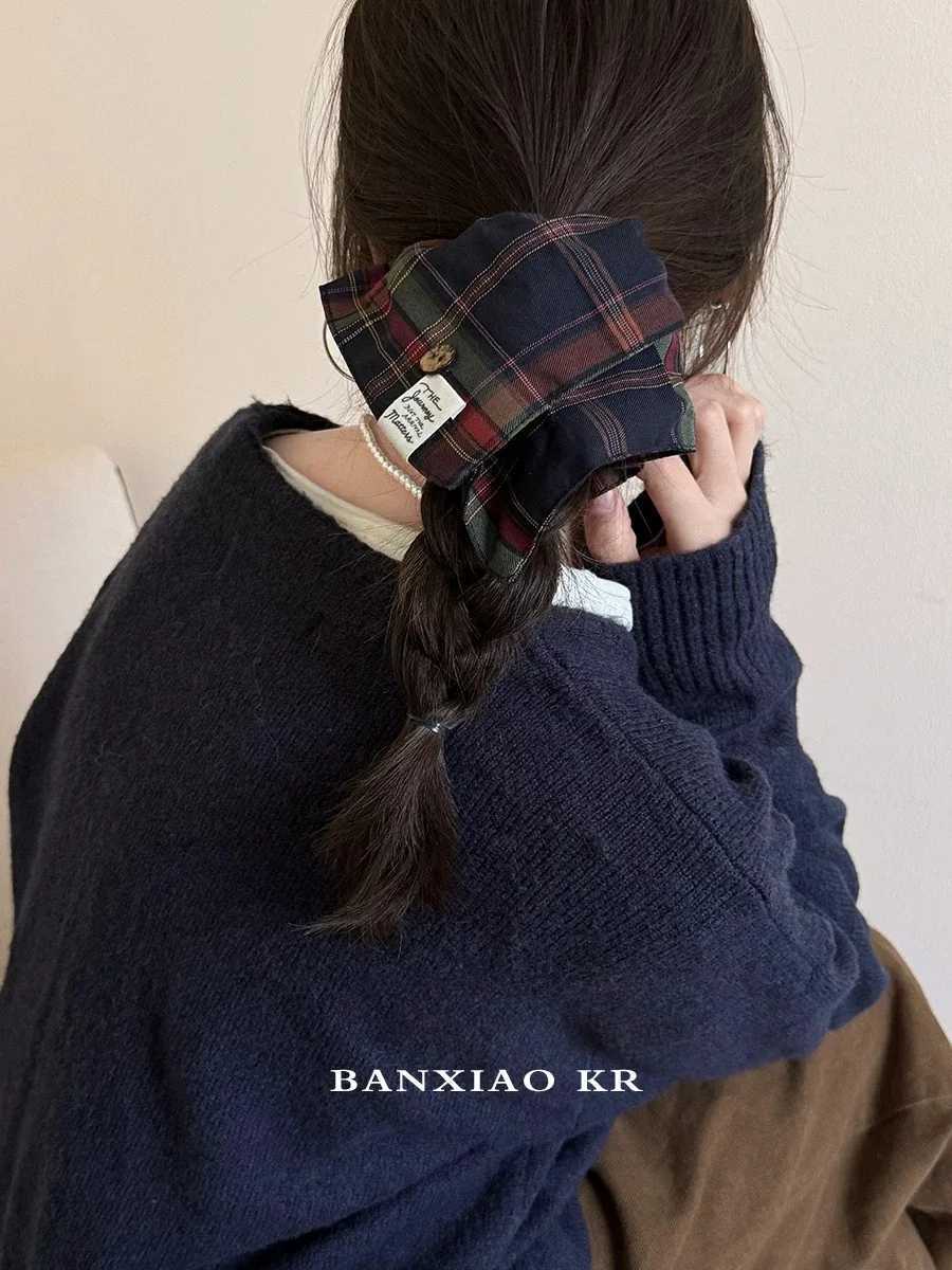 1PC British style vintage checkered square hair tieversatile fashion button hair tie elastic rubber band low ponytail headwearW251028
